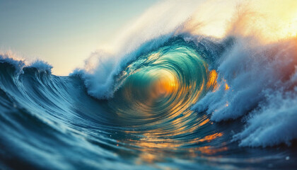 Close-up of a dynamic ocean wave illuminated by warm orange light, highlighting vivid water textures.
