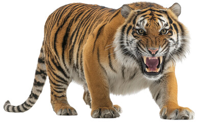 Naklejka premium Fierce tiger snarling with ears back and eyes narrowed isolated on a Transparent background, PNG file.