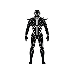 Futuristic warrior in sleek black armor standing poised for action and battle