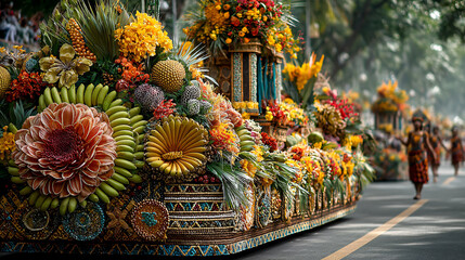 Naklejka premium Celebratory Kadayawan Festival float featuring massive arrangements of bananas, durians, and tropical flowers, with traditional patterns and symbols of indigenous Filipino culture.