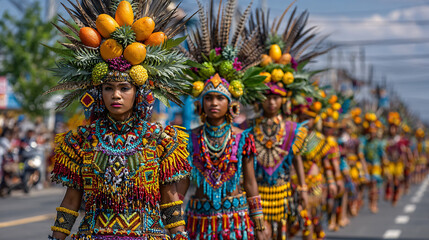 Colorful Kadayawan Festival street parade in Davao City, traditional dancers performing Indak-Indak sa Kadalanan in elaborate tribal costumes, feathered headdresses, beaded garments, and body paint.