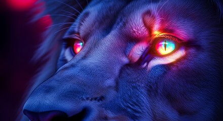 Dramatic close up of a glowing lion eye in a neon dreamscape