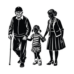 grandparents walking with granddaughter vector silhouette
