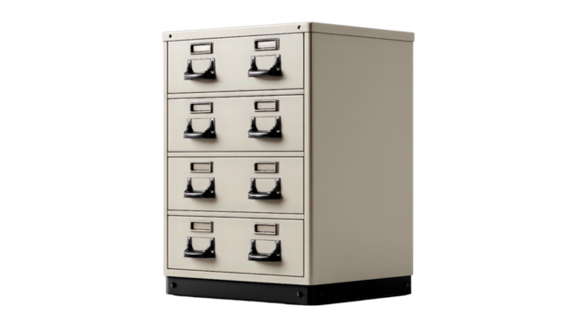 Filing cabinet with black handles and matte finish background isolated on a Transparent background, PNG file.