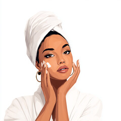 An illustration of a woman doing skincare applying cream  made with generative AI