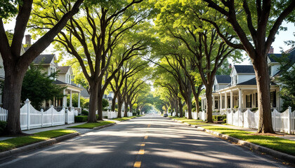 Wide-angle view of a pristine suburban street with tree-lined, orderly American homes and manicured lawns.
