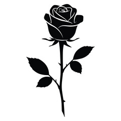 Silhouette of a beautiful black rose on a stem with leaves and thorns isolated