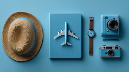 Beach Hat Notebook Toy Airplane Watch Camera Set on Light Blue Background