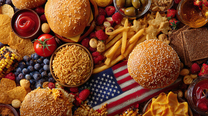 Celebratory food spread with burgers, fries, fruits, and American flag, evokes patriotic festivities and culinary abundance on a warm-toned table setting.