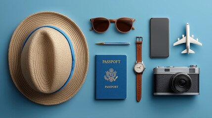 Travel Essentials Flat Lay Items Including Hat Sunglasses Passport Watch Phone Camera Airplane