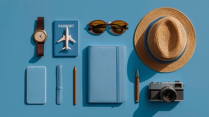 Travel Accessories with Hat Passport Camera Sunglasses Notebook and Watch on Blue Surface