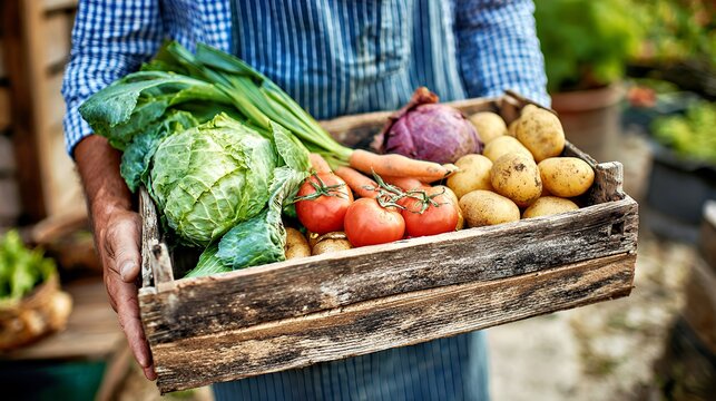 Male farmer holding a wooden crate of fresh vegetables in a rustic setting.