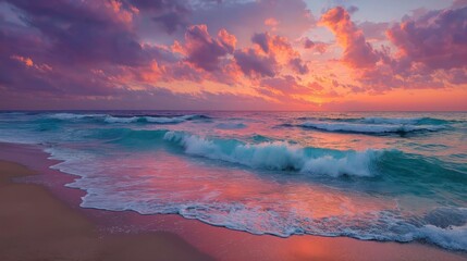 Colorful Sunset Sky Over Ocean Waves on Beach