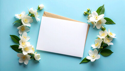 Bright beautiful tulips bunch with water drops on blue background with blank white card, top view, frame, place for text, vertical. Springtime greeting card
