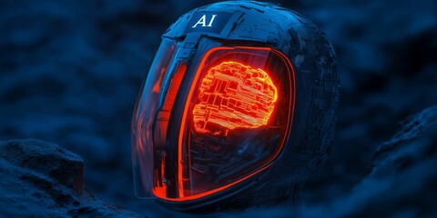 3D rendering of the text "AI" on top and inside an artificial intelligence head with a brain made from a circuit board, glowing red energy flowing through it, dark blue background