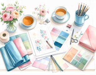  a fashion designer’s workspace. The table is filled with fabric swatches, color palettes, notebooks, floral sketches, scissors, pencils, and cups of tea