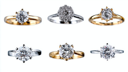 Elegant rings showcasing various metals and stone settings, perfect for special occasions and symbols of commitment. Display of timeless rings.