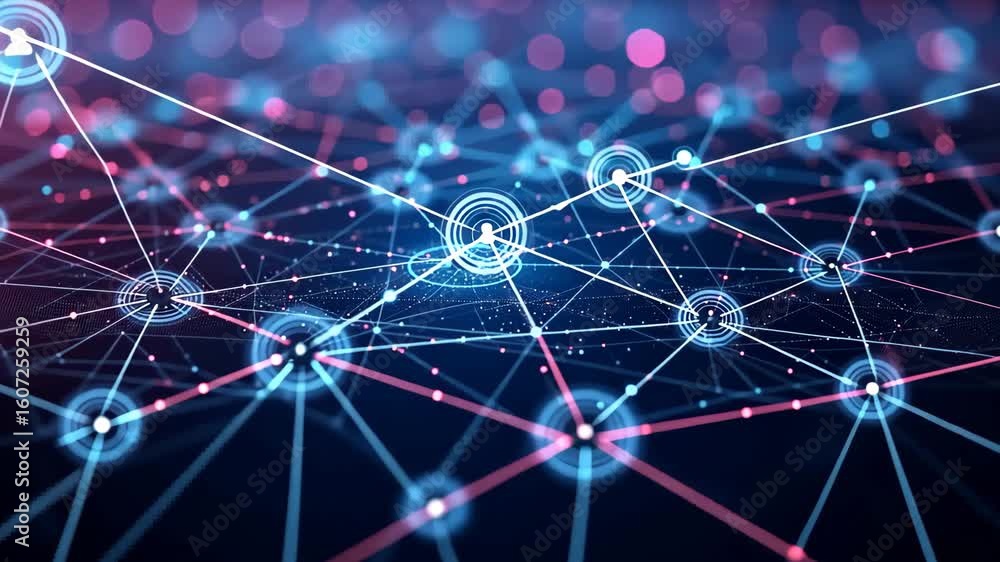 Poster futuristic digital network visualization with glowing interconnected nodes