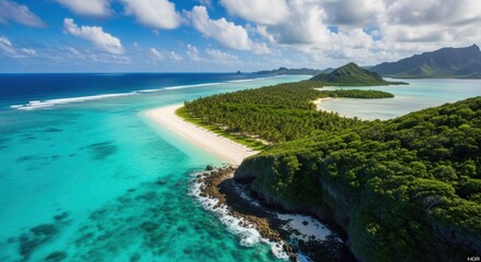 Exotic tropical island paradise with turquoise waters lush green vegetation and white sandy beach under a blue sky with fluffy clouds