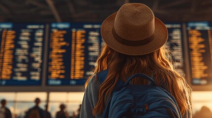 Woman Wearing Straw Hat with Backpack Looking at Airport Departure Board
