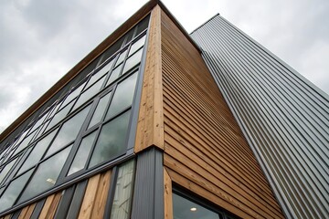 Modern Architectural Design Featuring Wood and Metal Siding with Large Windows