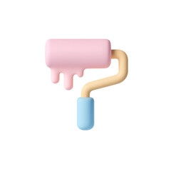 Cute 3d paint roller with pink paint dripping isolated on transparent background