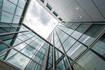 Modern Glass Building Architecture: Upward View of Corner Facade and Sky