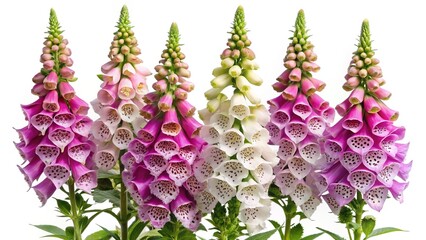 Beautiful Arrangement of Colorful Foxglove Flowers in Full Bloom on a White Background