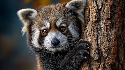Fototapeta premium A red panda climbing up a tree trunk with determination, its claws gripping the bark and tail balancing its motion.