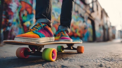 Eye-catching footwear takes center stage atop a skateboard against vibrant graffiti, showcasing urban style and playful expression.