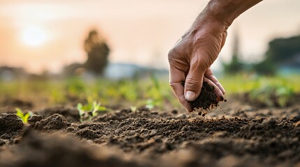 Close-up of a hand planting seeds in rich soil at sunset.