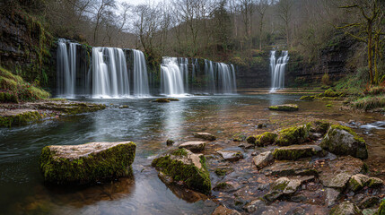 Cascading waterfall scene, flowing water over rock ledges in a wooded area. Foreground features mossy stones in clear water.