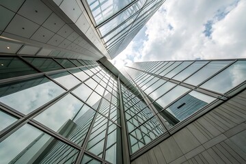 Obraz premium Stunning Low Angle View of Modern Glass Skyscrapers Reflecting Clouds