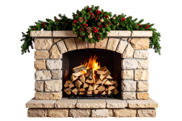 Rustic Stone Fireplace with Burning Logs and Hanging Festive Wreath
