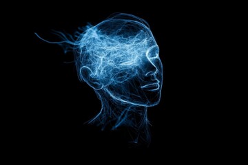 A dark background with an illustration of the head and shoulders of a person made up entirely from glowing blue neural connections, symbolizing artificial intelligence or thought processing