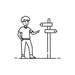 direction,travel,sign flat line icon illustration of a man standing next to a signpost with arrows showing travel or path choice