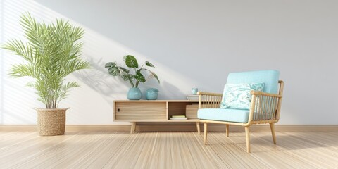 Light-filled living area with a light-blue armchair and wooden furniture.