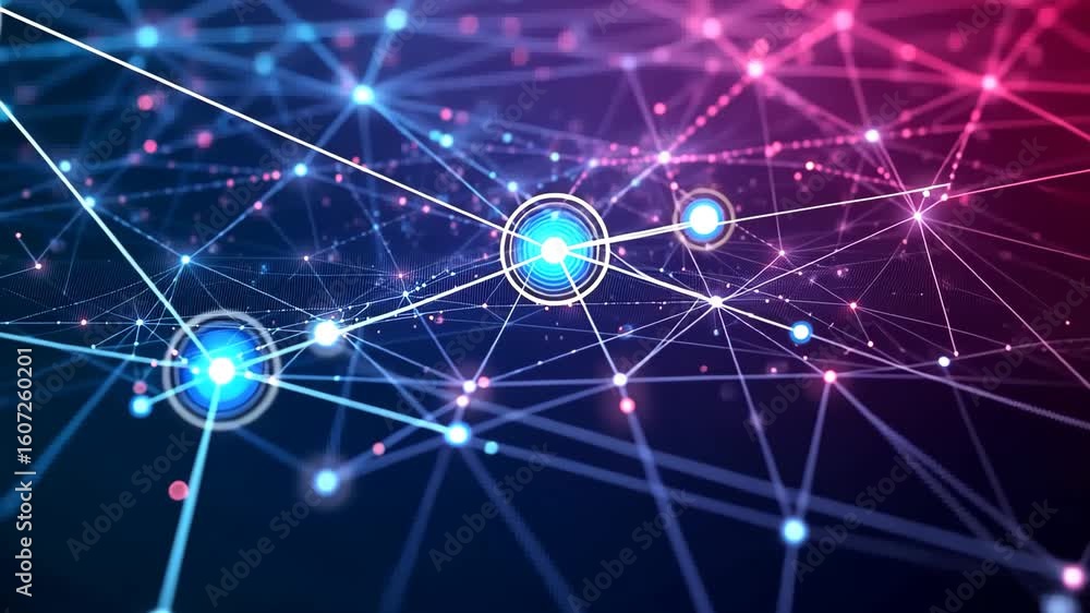 Poster futuristic digital network visualization with glowing interconnected nodes