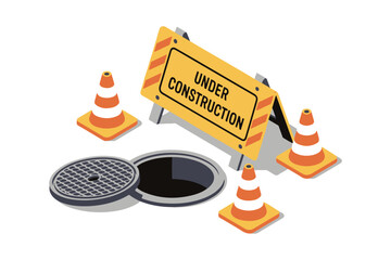 Isometric view of under construction sign road cones and open sewer manhole