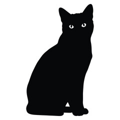 Silhouette of a sitting black cat isolated on white background with piercing eyes