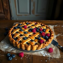 Homemade Rustic Berry Pie with Lattice Crust and Powdered Sugar