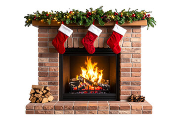 Traditional Brick Fireplace Decorated with Christmas Stockings and Pine Garland