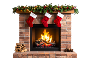 Traditional Brick Fireplace Decorated with Christmas Stockings and Pine Garland