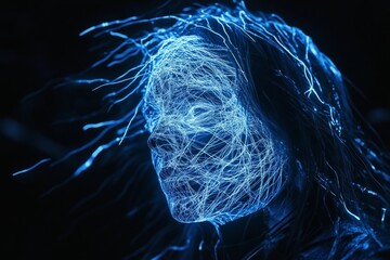 A dark background with an illustration of the head and shoulders of a person made up entirely from glowing blue neural connection