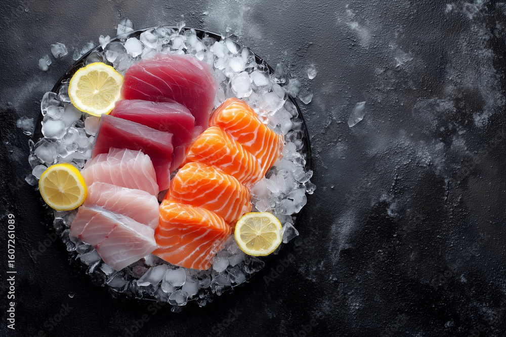 Poster a plate of assorted fish and lemon slices is sitting on a counter