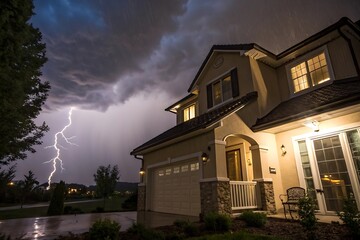 Dramatic Lightning Strike Over a Modern Suburban Home at Night