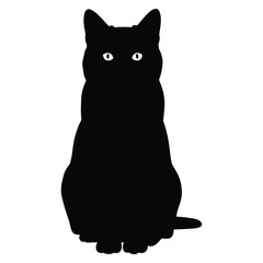 Silhouette of a sitting black cat with bright eyes isolated on white background