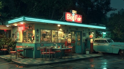Obraz premium Retro Diner at Night with Neon Lights and Classic Car in Rain
