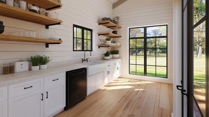 Bright and Modern Kitchen Interior with Wood Shelves and Natural Light
