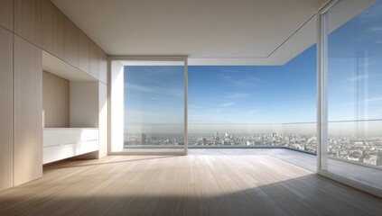 Fototapeta premium Empty modern apartment with panoramic city view.